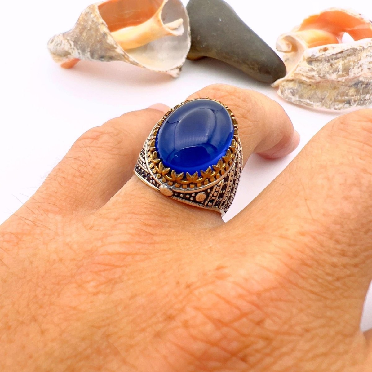 Blue Oval Sapphire Stone Men's Ring