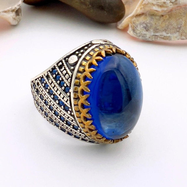 Blue Oval Sapphire Stone Men's Ring