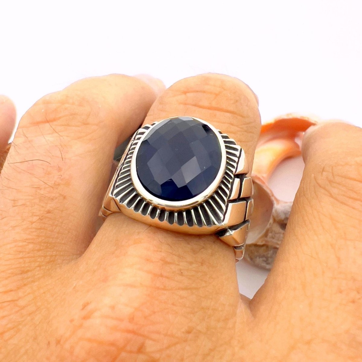 Blue Oval Sapphire Stone Men's Silver Ring