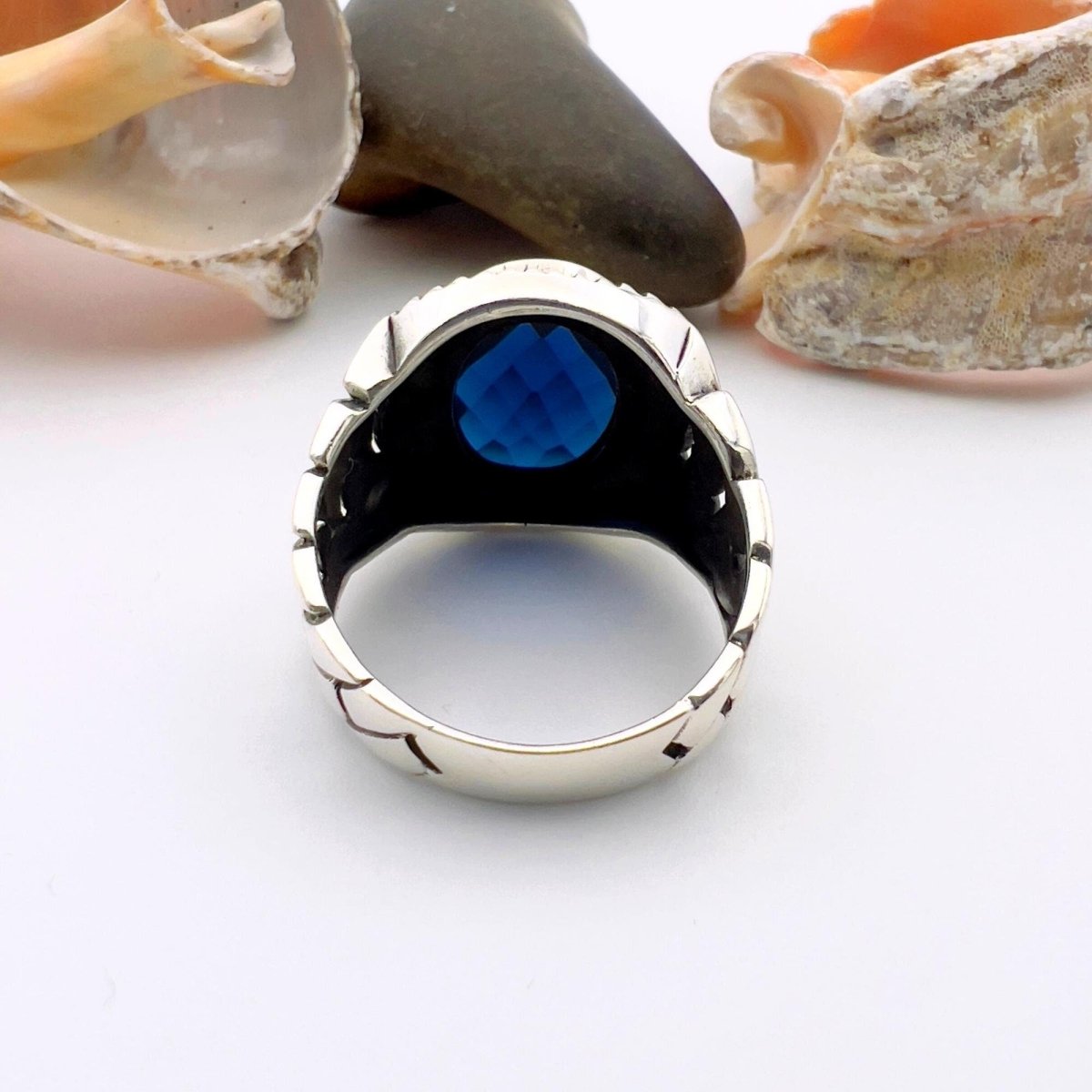 Blue Oval Sapphire Stone Men's Silver Ring