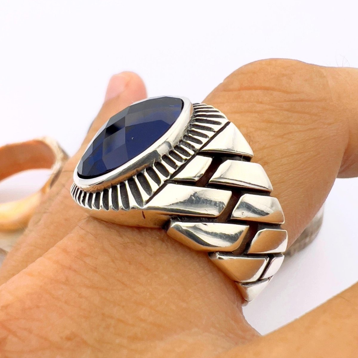 Blue Oval Sapphire Stone Men's Silver Ring