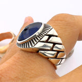 Blue Oval Sapphire Stone Men's Silver Ring