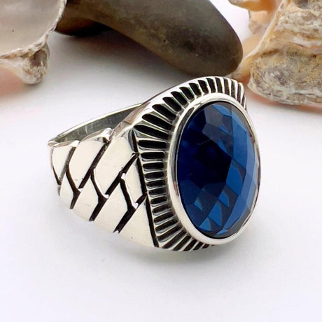 Blue Oval Sapphire Stone Men's Silver Ring