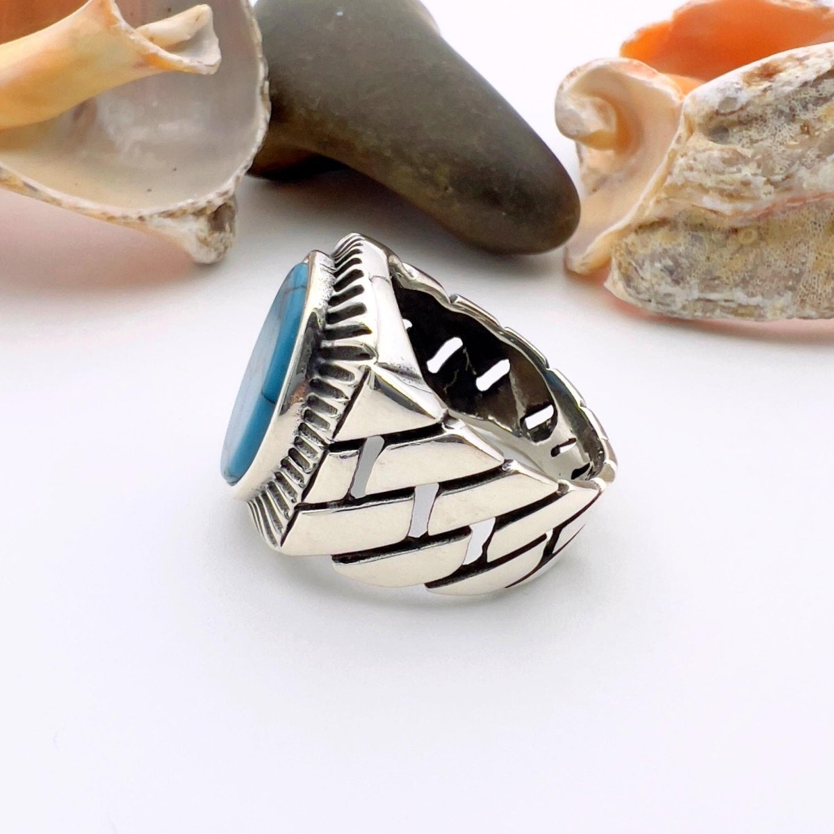 Blue Oval Turquoise Stone Men's Silver Ring