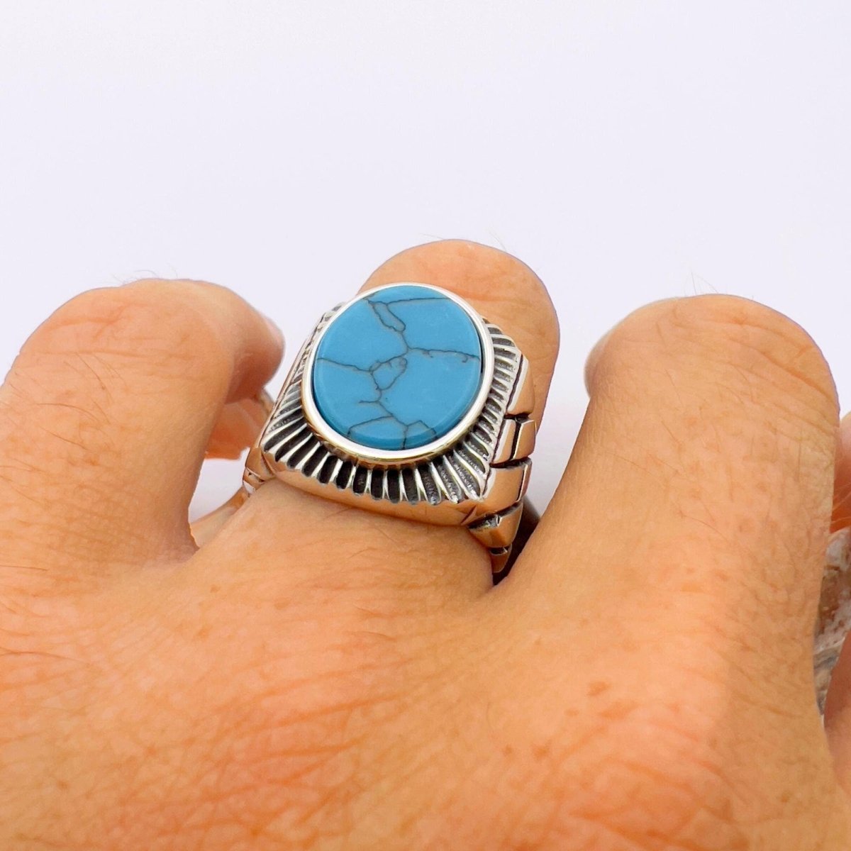 Blue Oval Turquoise Stone Men's Silver Ring