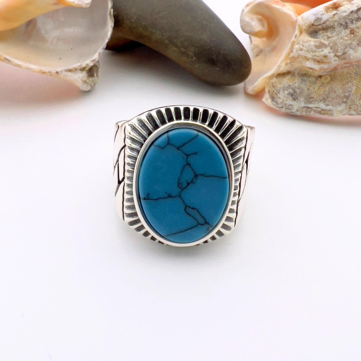 Blue Oval Turquoise Stone Men's Silver Ring