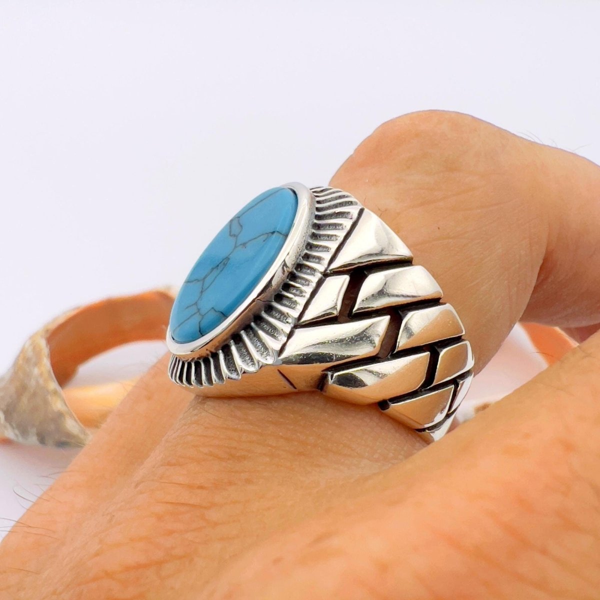 Blue Oval Turquoise Stone Men's Silver Ring