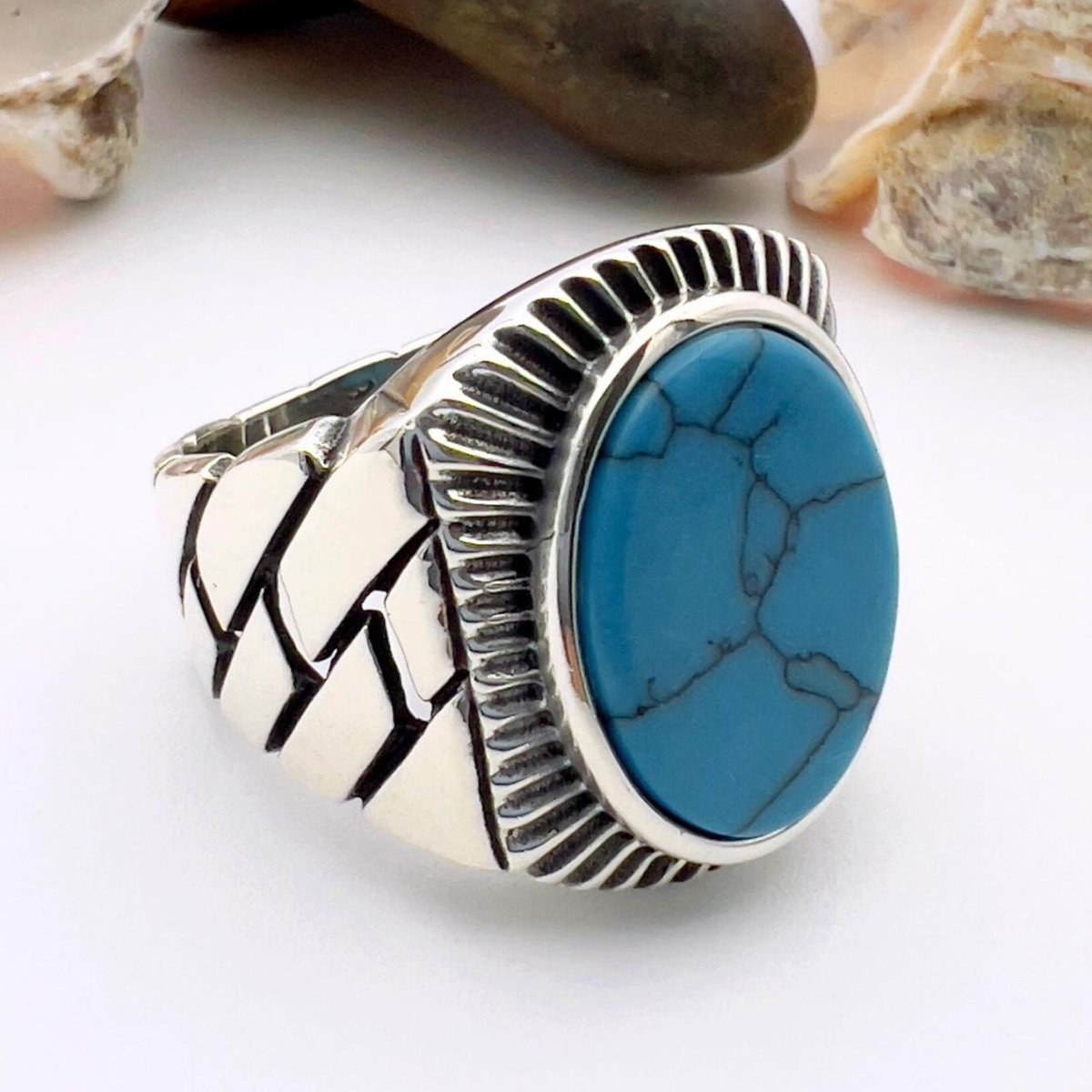 Blue Oval Turquoise Stone Men's Silver Ring