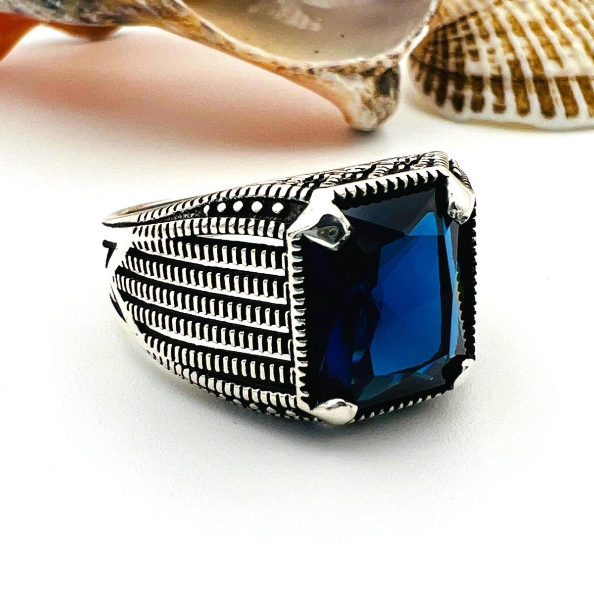 Blue Sapphire Squared Stone Men's Ring