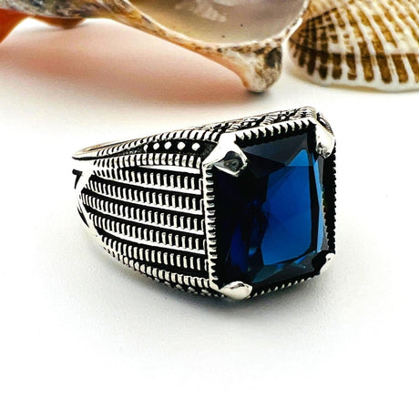 Blue Sapphire Squared Stone Men's Ring