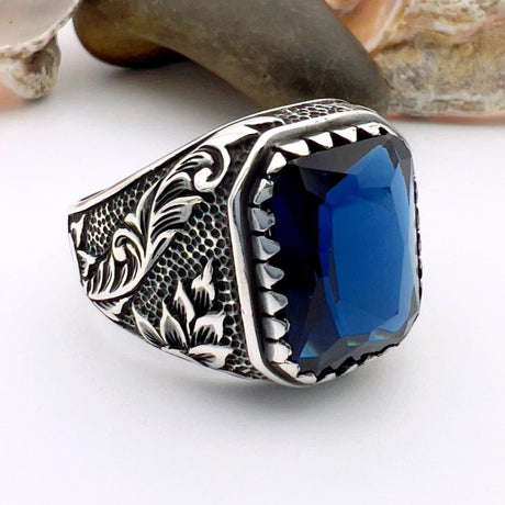 Blue Sapphire Squared Stone Men's Ring - TryAladdin