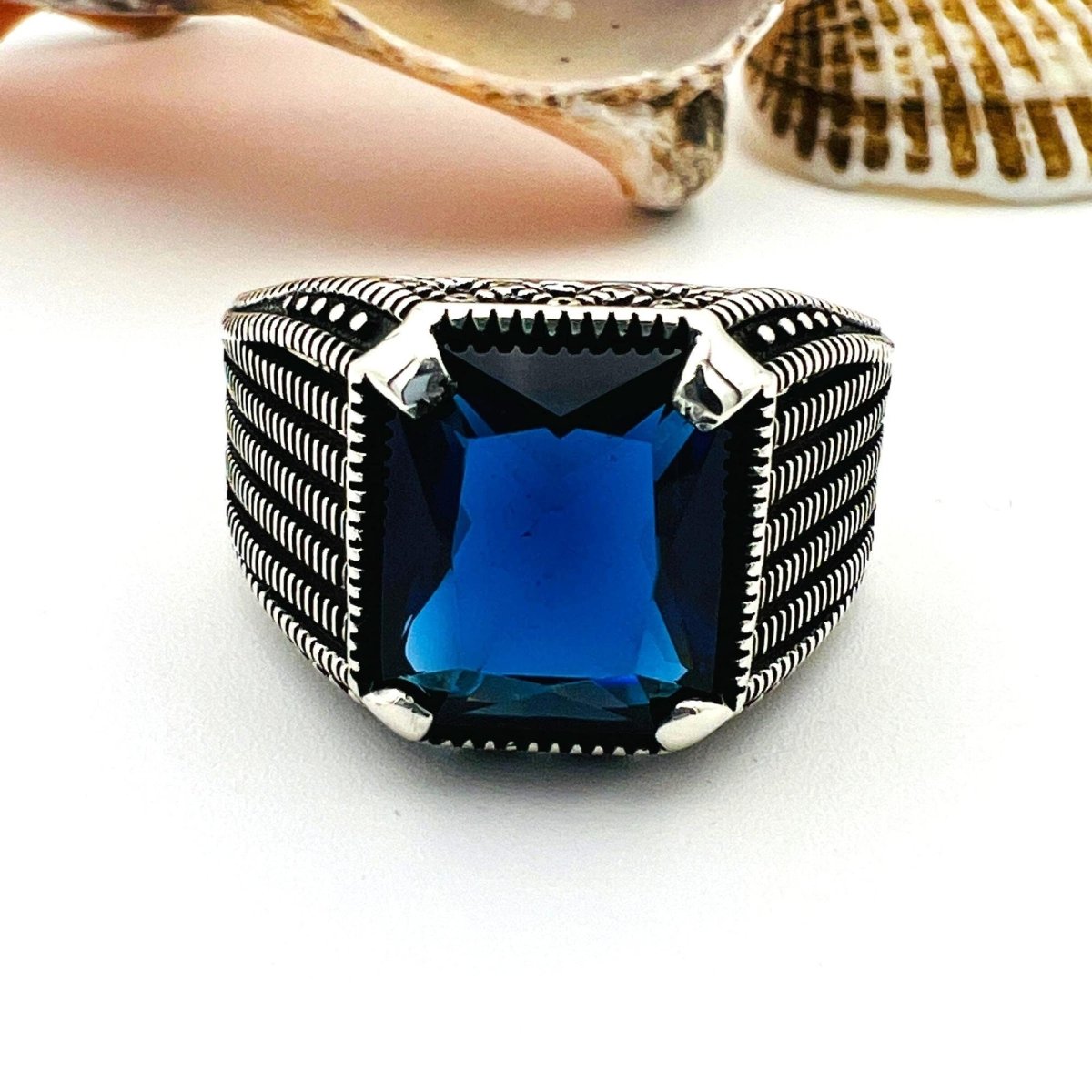 Blue Sapphire Squared Stone Men's Ring