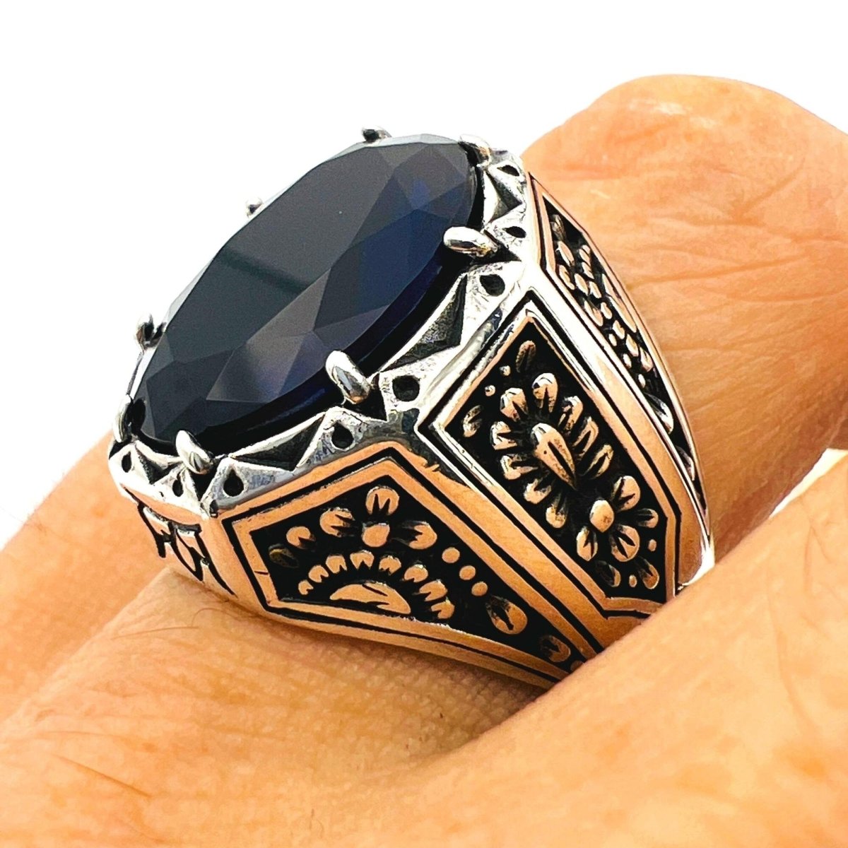 Blue Sapphire Stone Men's Silver Ring