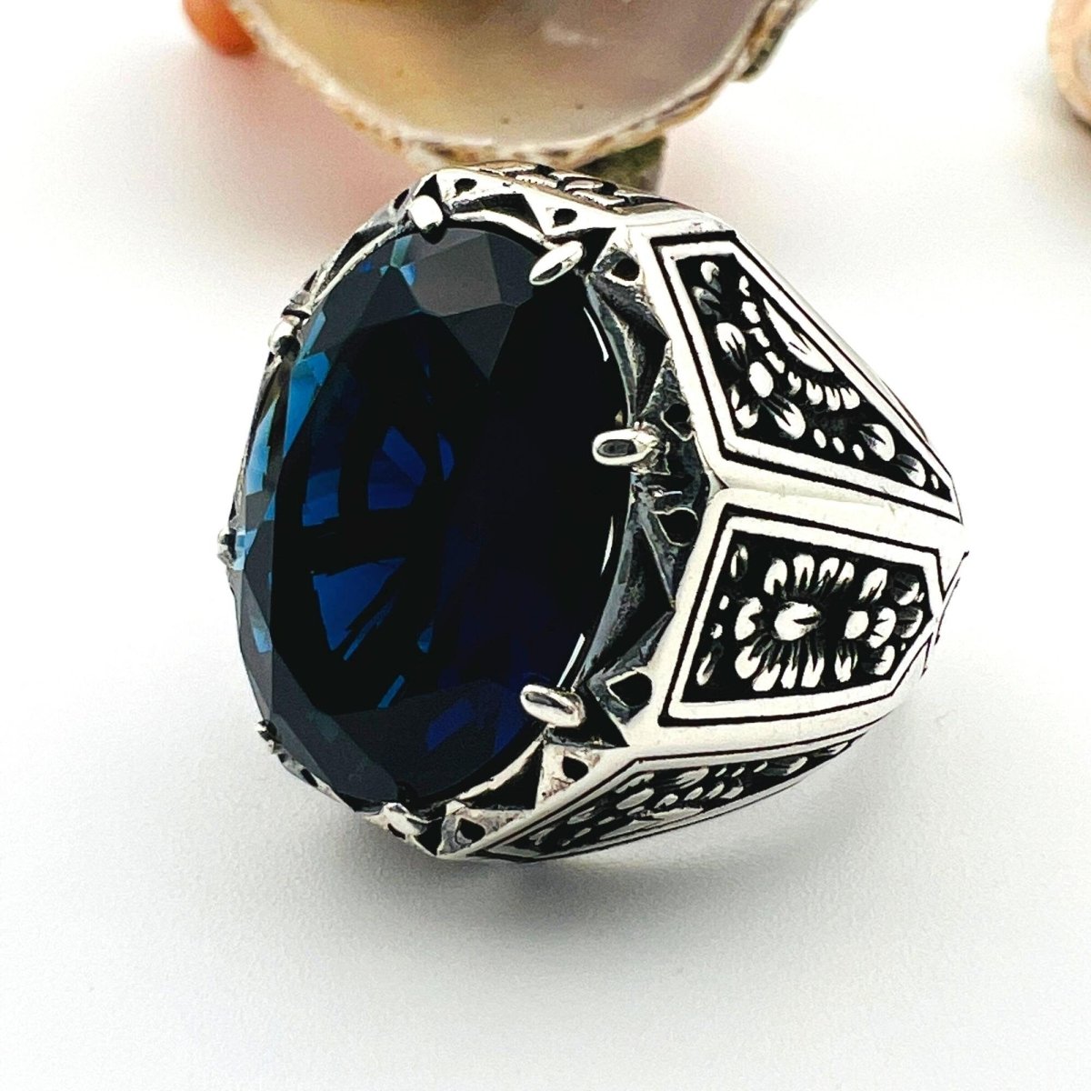 Blue Sapphire Stone Men's Silver Ring