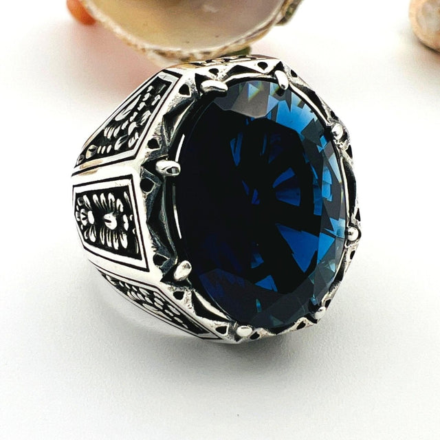 Blue Sapphire Stone Men's Silver Ring