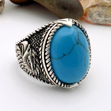 Blue Turquoise Oval Stone Silver Ring - TryAladdin