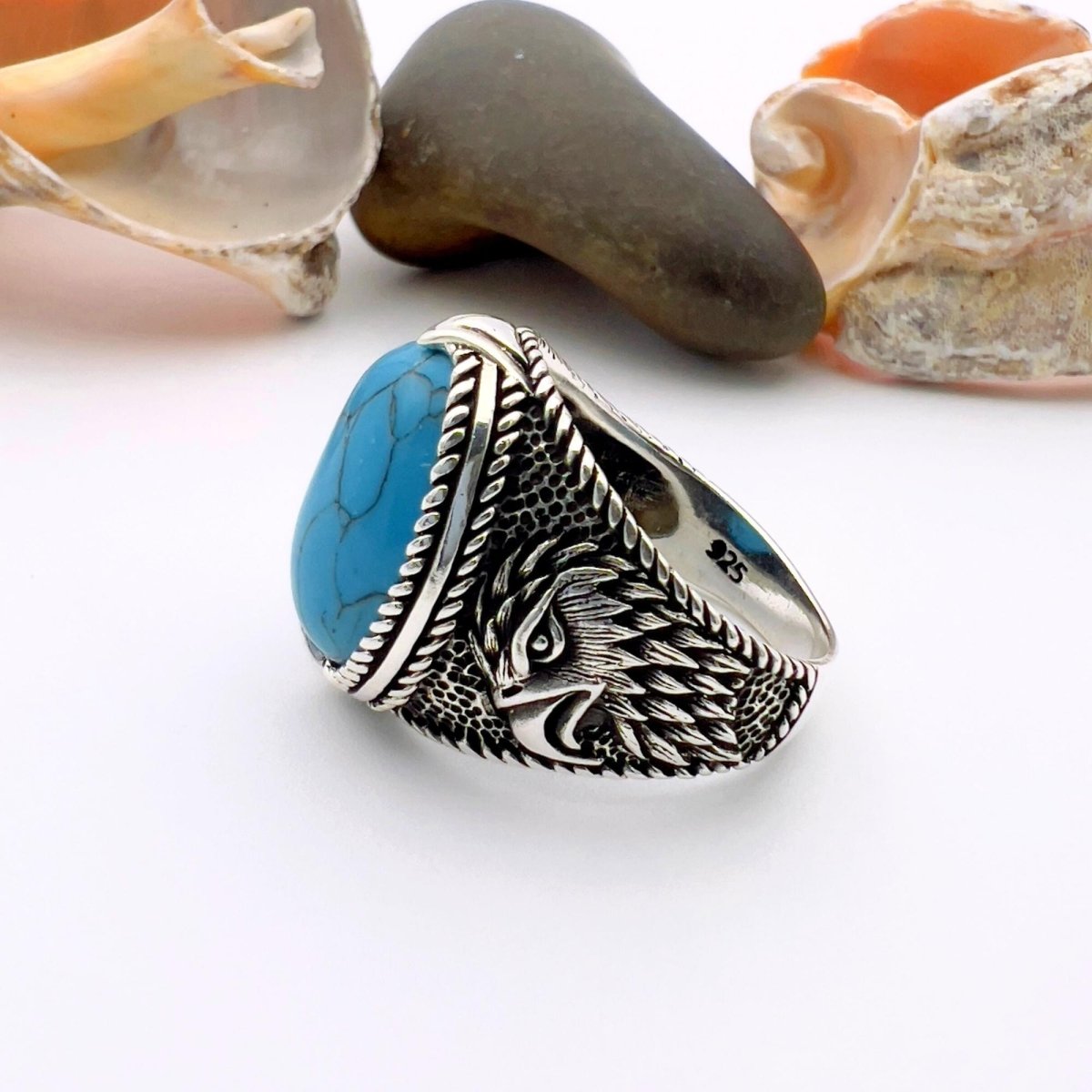 Blue Turquoise Oval Stone Silver Ring