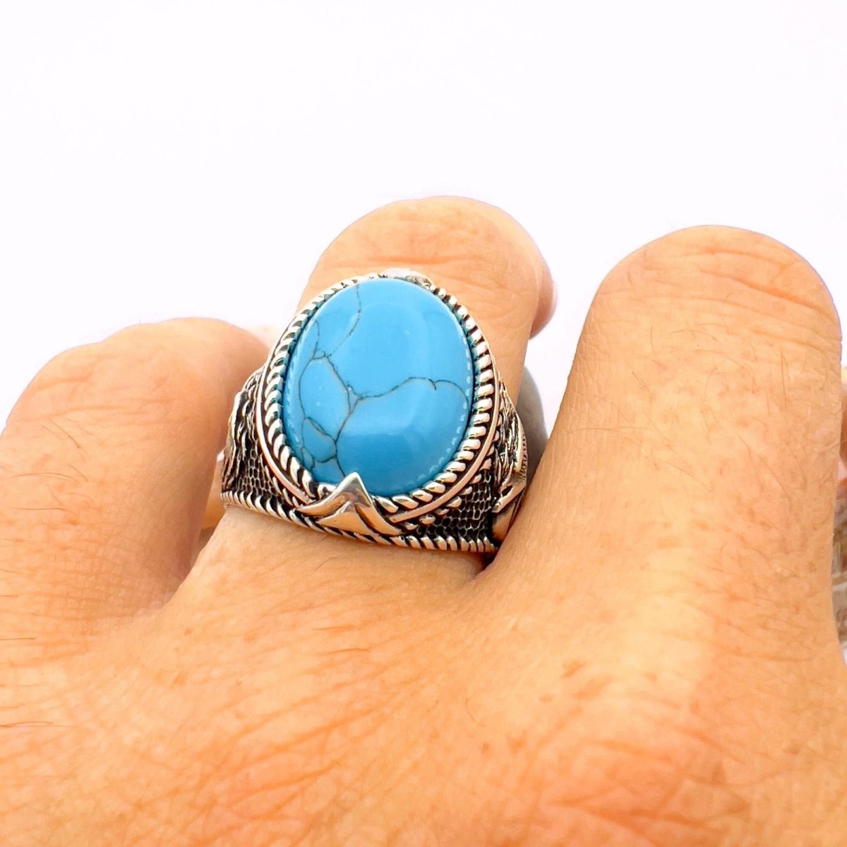 Blue Turquoise Oval Stone Silver Ring