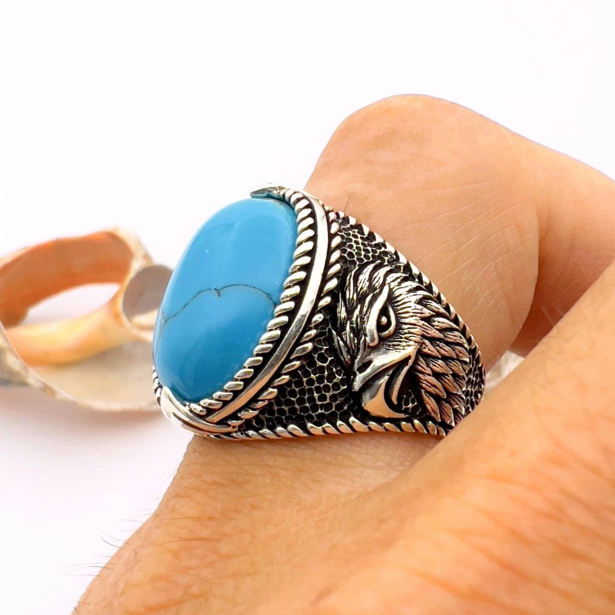 Blue Turquoise Oval Stone Silver Ring