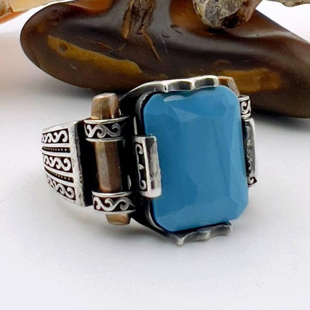 Blue Turquoise Squared Stone Unisex Ring