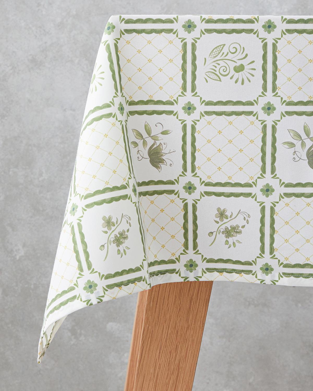 Premium Cotton Polyester Botanical Garden Tablecloth White Green