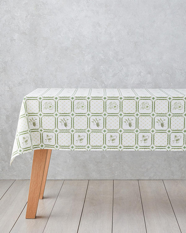 Premium-Cotton-Polyester-Botanical-Garden-Tablecloth-White-Green