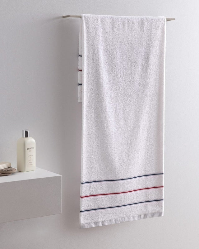 Bourrache Cotton Bath Towel - Plush & Absorbent - White & Navy - TryAladdin