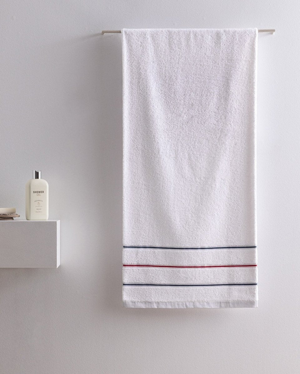 Bourrache Cotton Bath Towel - Plush & Absorbent - White & Navy - TryAladdin