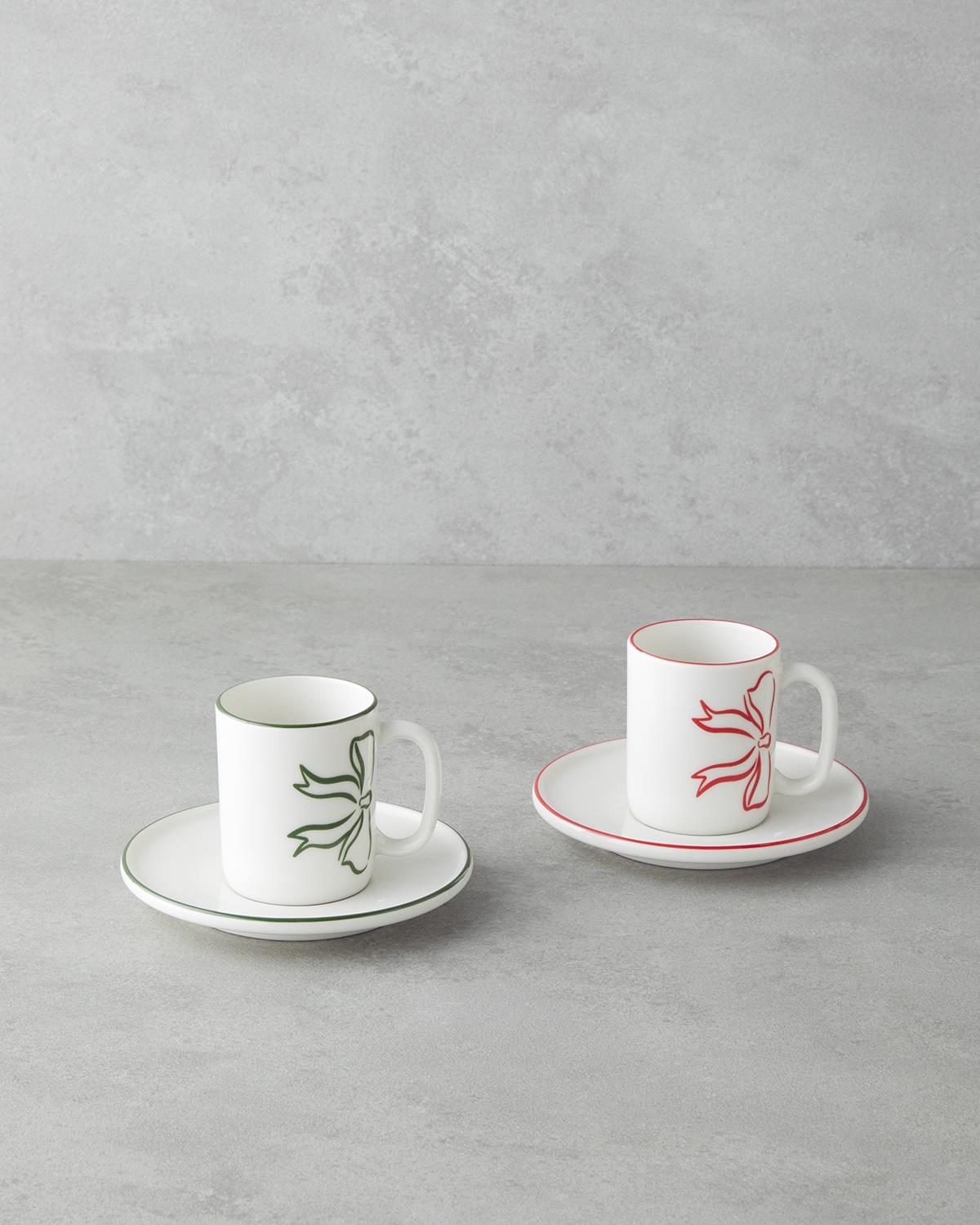 Premium Bone Porcelain Turkish Coffee Cup Set 4 Piece 90ml Red Green