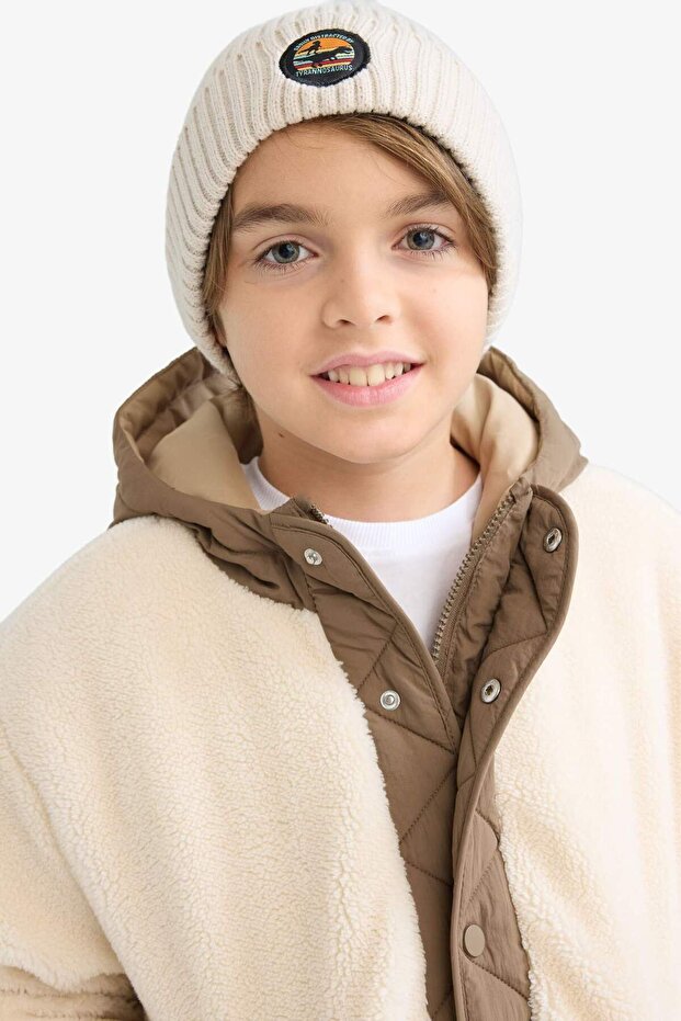 Boys Knitted Beanie - 'Easily Distracted By Tyrannosaurus' Patch - TryAladdin