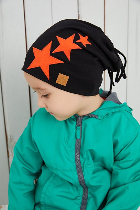 Boy's Soft Double - Layered Cotton Beanie Hat - Orange & Black Stars - TryAladdin