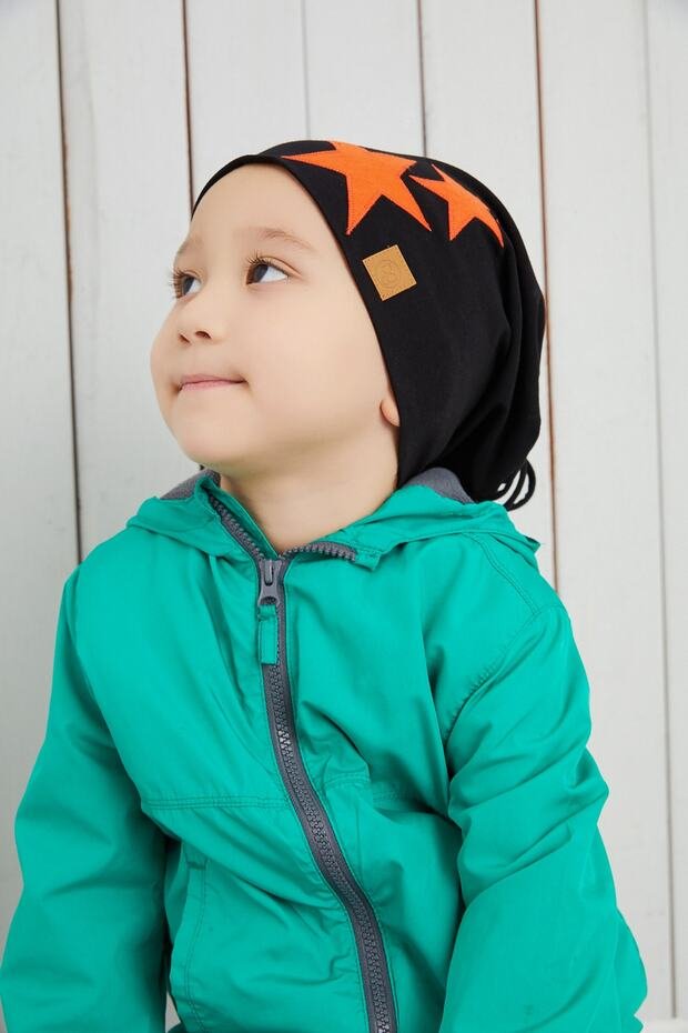 Boy's Soft Double - Layered cotton Beanie Hat - Orange & Black Stars - TryAladdin