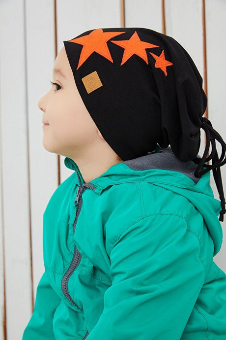 Boy's Soft Double - Layered Cotton Beanie Hat - Orange & Black Stars - TryAladdin