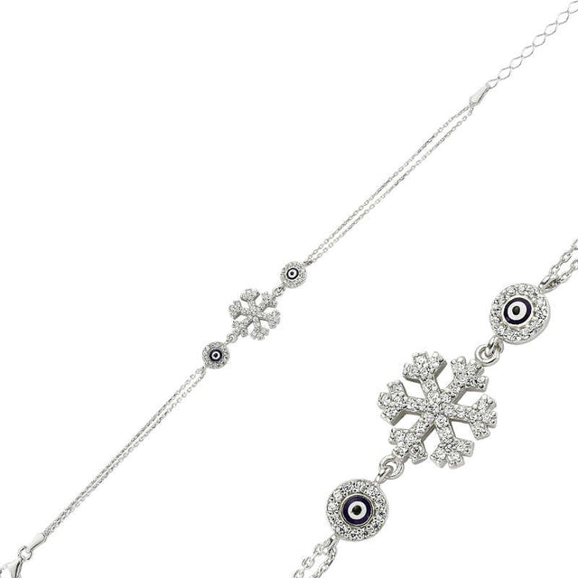 Sterling Silver Dainty Snowflake & Evil Eye Charm Bracelet