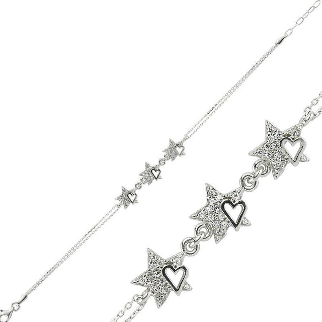 Sterling Silver Sparkling Star & Heart Charm Bracelet