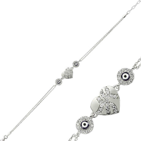 Sterling Silver Evil Eye Heart Bracelet - Sparkling Zircon Charm