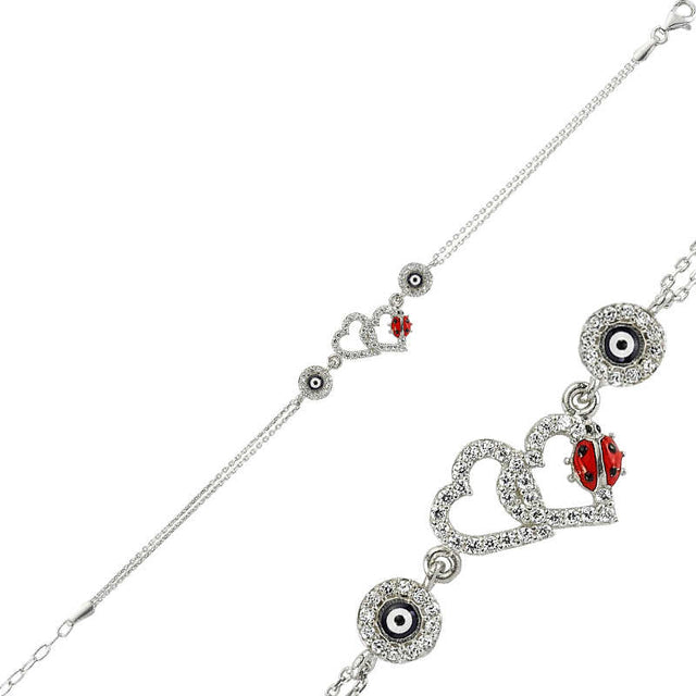 Sterling Silver - Heart Ladybug Evil Eye Charm Bracelet