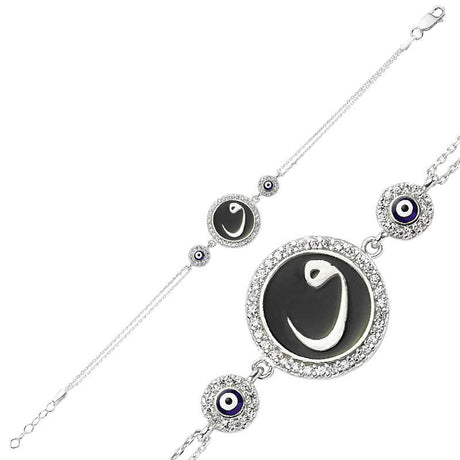 Sterling Silver Evil Eye & Vav Symbol Charm Bracelet with Zirconia