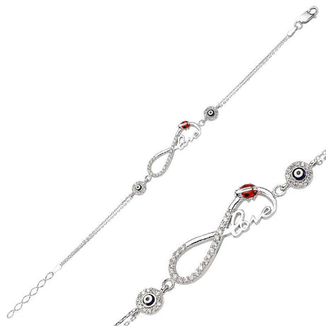 Sterling Silver Infinity Love Bracelet with Ladybug & Evil Eye Charms