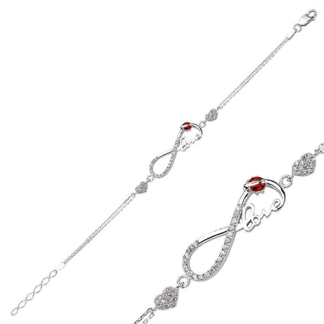 Sterling Silver Infinity Love Bracelet with Zirconia & Ladybug Charm