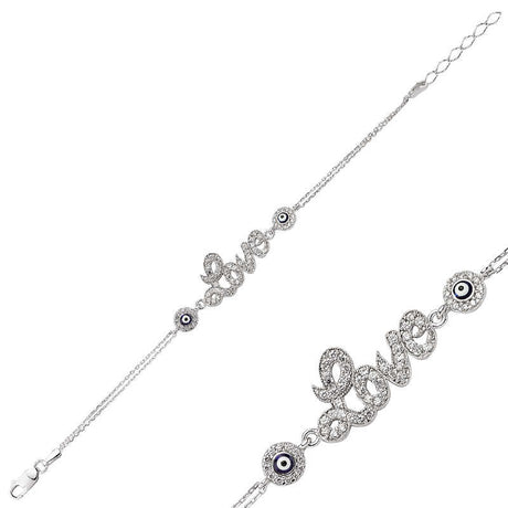 Love & Evil Eye Charm Bracelet - Sterling Silver Tone Cubic Zirconia