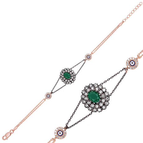 Rose Gold Plated Silver Bracelet - Authentic Emerald & Evil Eye