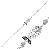 Sterling Silver Zircon Fishbone & Heart Charm Bracelet