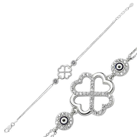 Sterling Silver Clover & Evil Eye Charm Bracelet with Zirconia