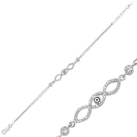 Sterling Silver Infinity Bracelet - Zirconia & Evil Eye Design