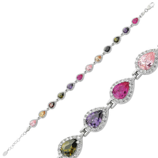 Sterling Silver Multicolored Teardrop Zircon Bracelet
