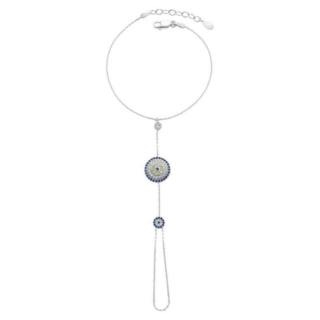 Hand Chain Bracelet - Sterling Silver Evil Eye Zircon Design