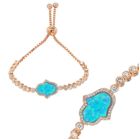 Rose Gold Plated Hamsa Hand Bracelet with Blue Opal & Dazzling CZ