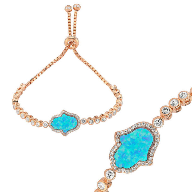 Rose Gold Plated Hamsa Hand Bracelet with Blue Opal & Dazzling CZ