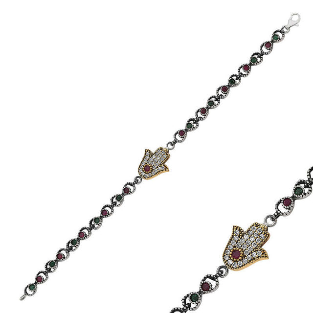 Sterling Silver Hamsa Hand Bracelet - Ottoman-Inspired with Gemstone Accents